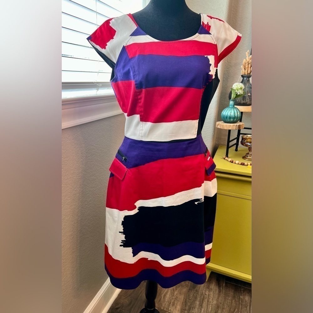 Calvin‎ Klein cotton spandex lined dress back zipper zip pockets Sz 8 Rave Bold